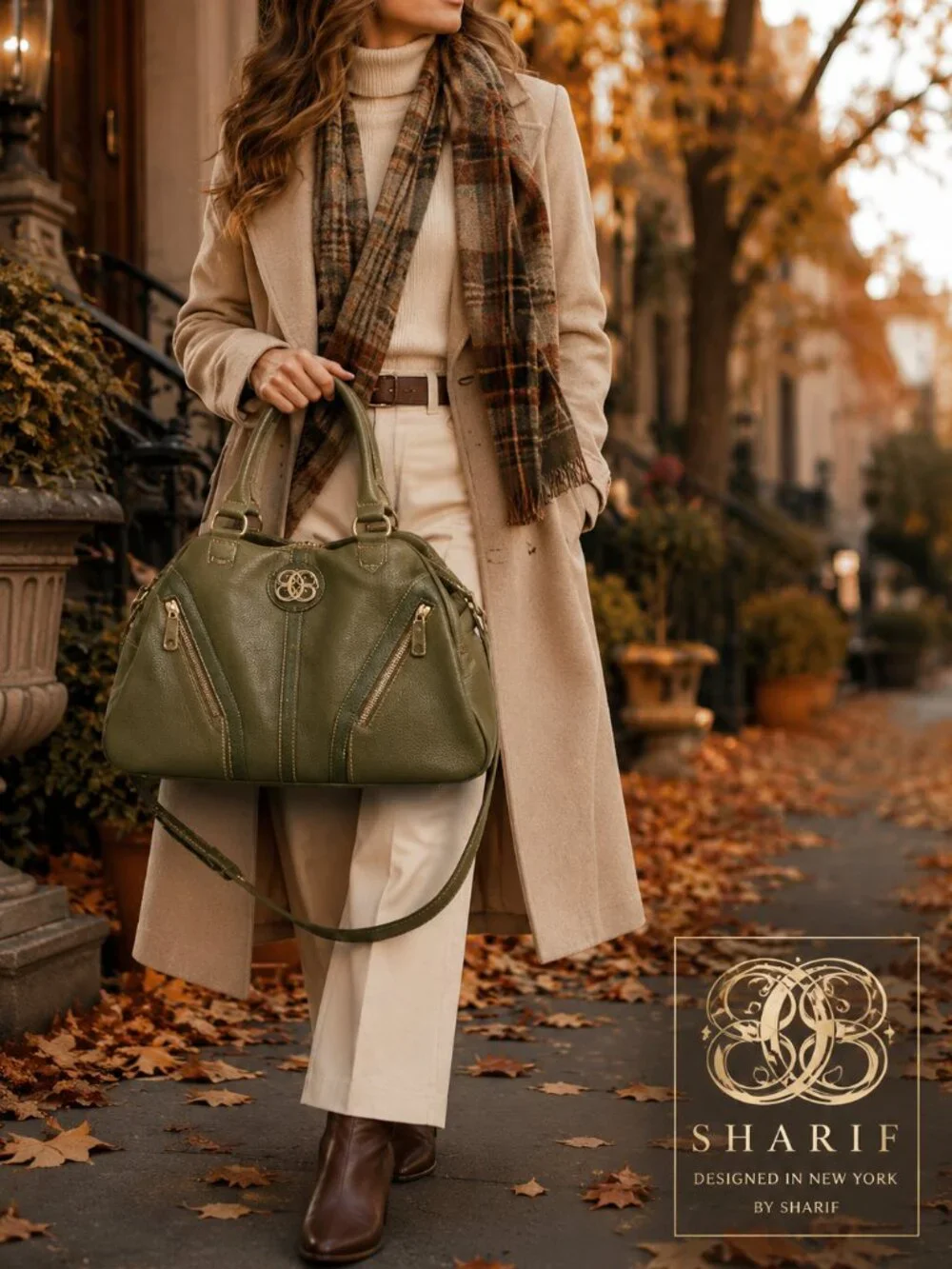Sharif Olive Green Pebbled Satchel Handbag Crossbody Multi Pocket